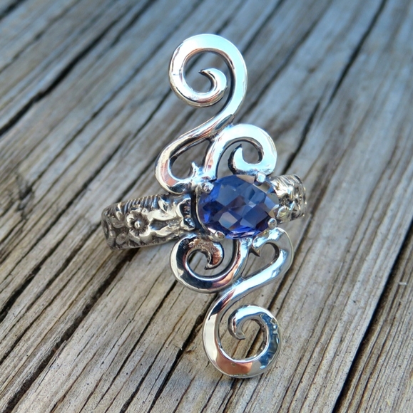 SOLD Rose Cut Natural Iolite Scroll Statement Ring - Picture 3 of 7